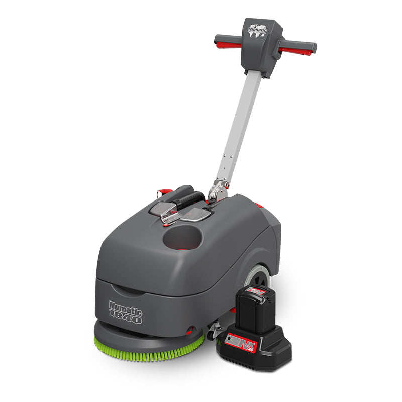 Numatic TTB1840NX Compact Battery Floor Scrubber Front Side View with Battery